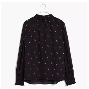 Madewell Smocked Mock Neck Blouse Black Floral Sprig Sheer Chiffon Top XL